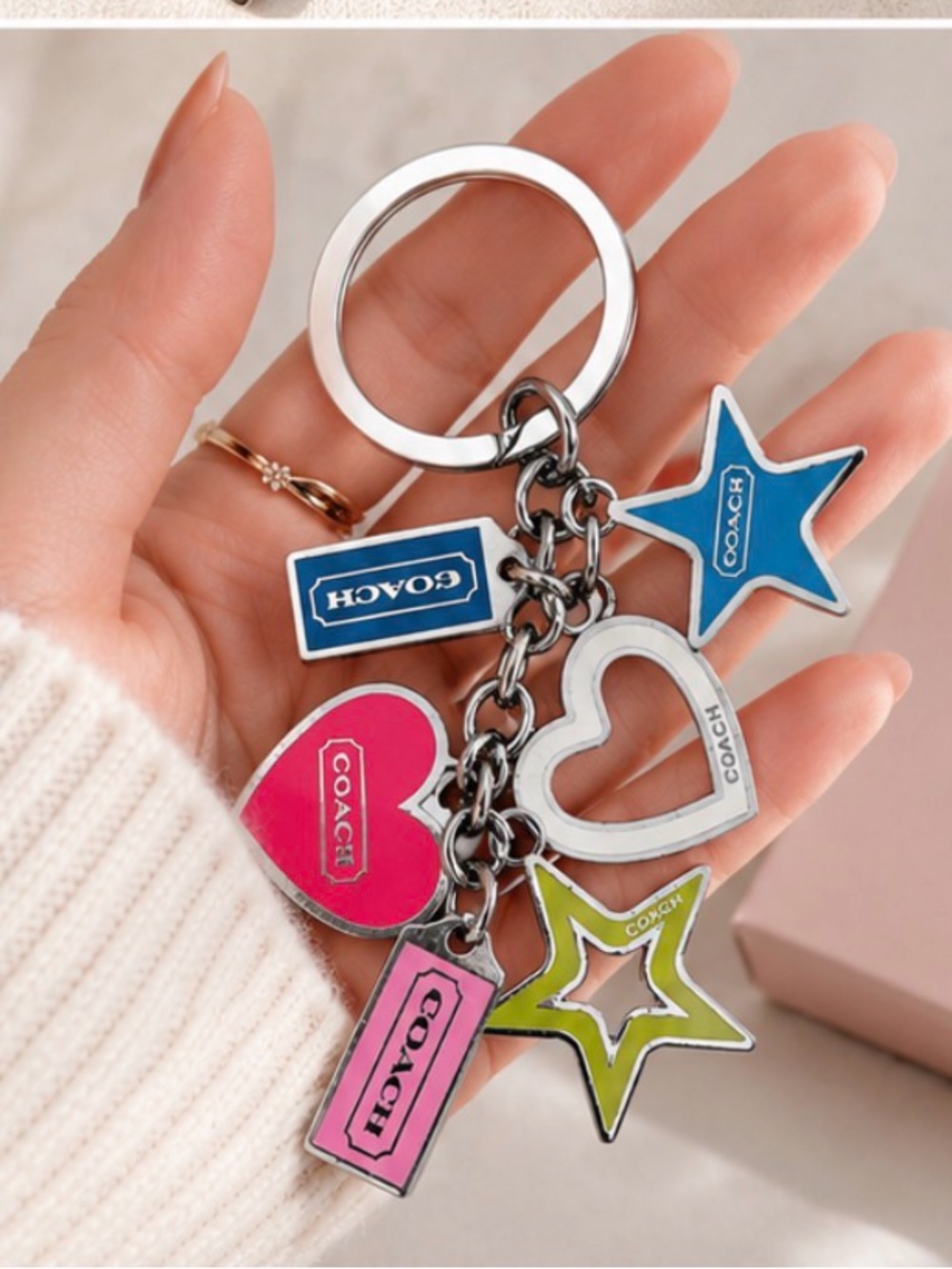 Coach Keychain Bag Charm Hearts Stars Pink Blue Green - Picture 3 of 3